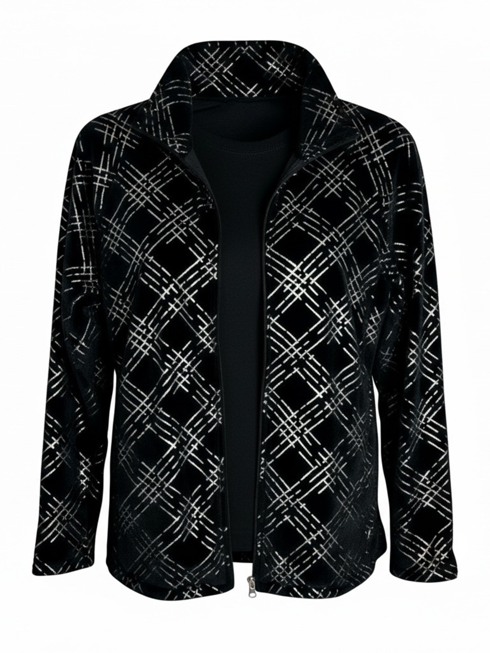 Jason Maxwell Soft Full Zipper Jacket Sz L Black Silver Metallic Geometric Print